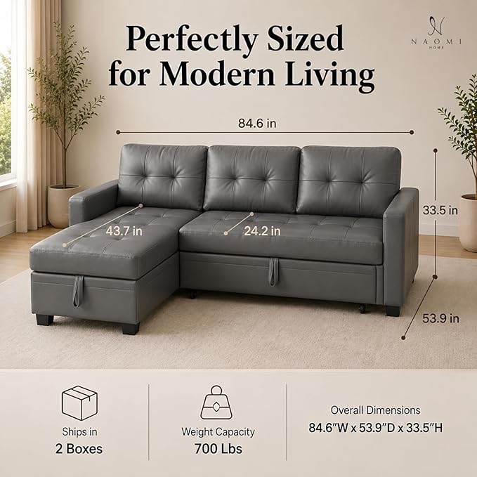 Naomi Home 84" L-Shaped Sectional Sleeper Sofa with Pull Out Bed | Sleeps Guests Comfortably, Stores Essentials in Chaise & Saves Space, Air Leather, Gray Convertible Sofa Bed