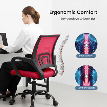 OLIXIS Office Desk Chair - Ergonomic Mid Back with Lumbar Support & Rocking Mode, Height Adjustable with Fixed Armrest, for Home, Computer, Gaming, Conference, Meeting Room, 360° Swivel, Red, 2 Pack
