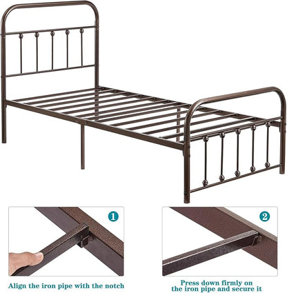 VECELO Purple Bronze Metal Bed Frame Twin Size with Vintage Headboard and Footboard, No Box Spring Needed, Premium Stable Steel Slat Support Mattress Foundation