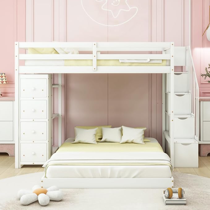 Ball & Cast Twin Over Full Bunk Bed with Safty Guardrail & Storage Stairs,Wood Bedframe W/ 3-Layer Shelves & Drawers,Easy Assembly,Space Saving,Compact Bedroom Furniture Set for Boy Girl Teens,White