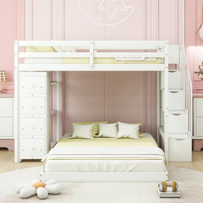 Ball & Cast Twin Over Full Bunk Bed with Safty Guardrail & Storage Stairs,Wood Bedframe W/ 3-Layer Shelves & Drawers,Easy Assembly,Space Saving,Compact Bedroom Furniture Set for Boy Girl Teens,White