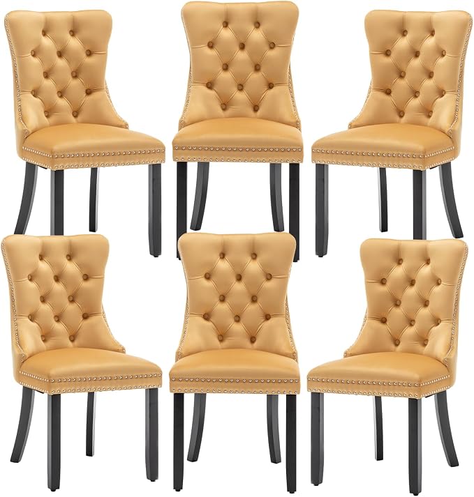 Hixkol Velvet Dining Chairs Set of 6,Upholstered Dining Chairs with Ring Pull Trim and Button Back,Modern Seating for Kitchen, Bedroom & Living Room(Gold)