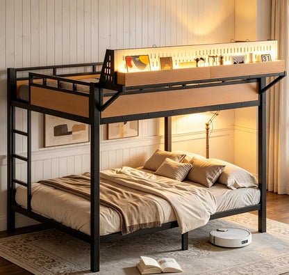 Bellemave Bunk Bed Queen Over Queen，Metal Bunk beds with Storage Shelves USB Ports and LED Lights, Natural