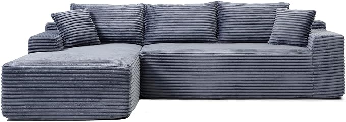 105-Inch L-Shaped Left Facing Corner Compressed Sofa Modular Sectional Boneless Cloud Sofa Floor Foam Couch with Chaise Lounge, Corduroy Corner Boneless Cloud Couch