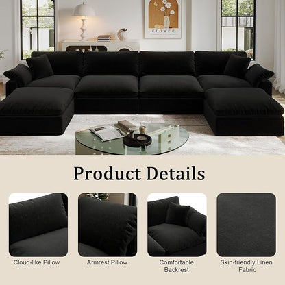 Modular Cloud Sofa,Convertible 3-Seater Set,Extra Deep Seat Down Filled Seat, Washable & Replaceable Cushion Covers for Living Room,Apartment,Black