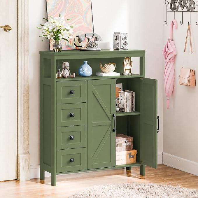 Vabches Farmhouse Storage Cabinet with 2 Doors and 4 Drawers, Freestanding Bathroom Compartment Kitchen Pantry Cabinet, Floor Cupboard for Kitchen/Living Room/Bathroom,Green