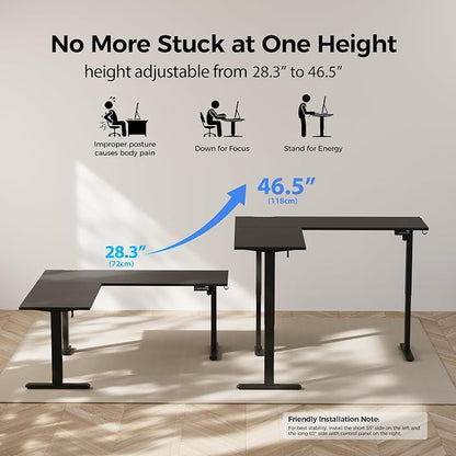 Agilestic 75 Inch L Shaped Standing Desk Adjustable Height, Corner Standing Desk, Sit Stand Up Computer Table, Splice Board, Black