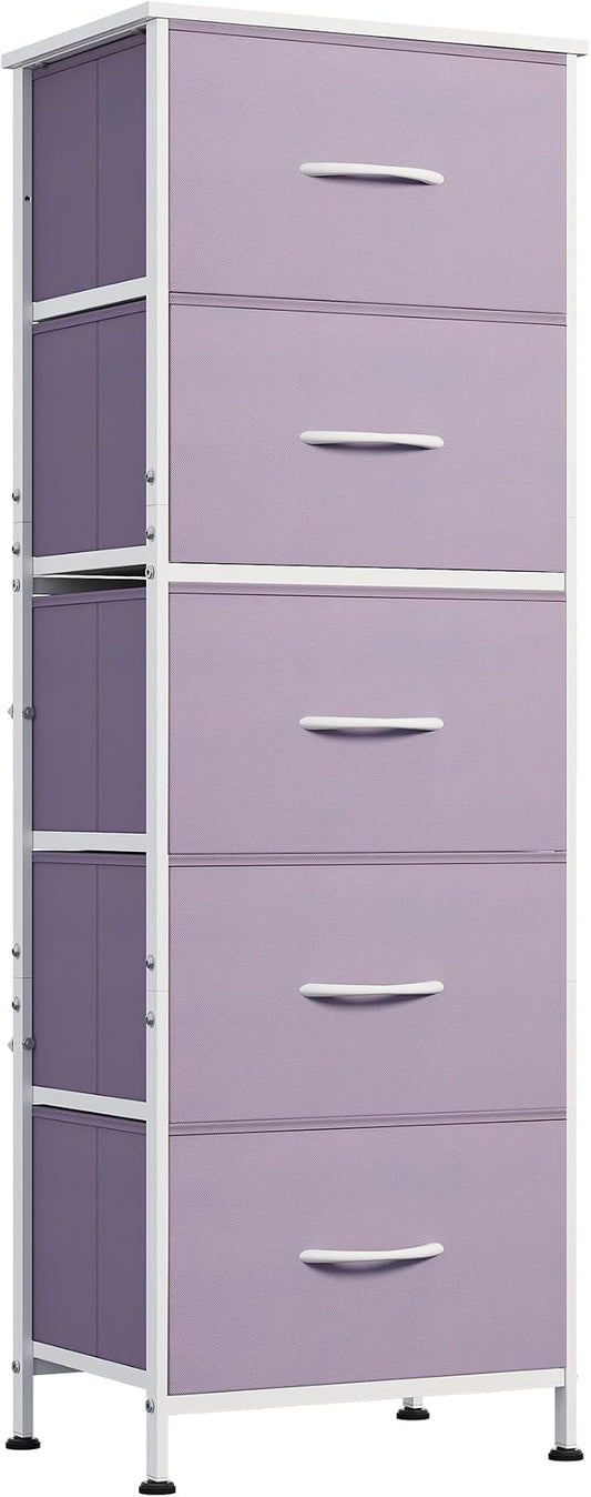 WLIVE Fabric Dresser, 5-Drawer Tall Dressers for Bedroom, Storage Dresser Organizer with Fabric Bins, Wood Top, Sturdy Steel Frame, Chest of Drawers for Closet, Hallway, Purple