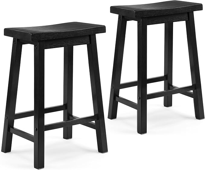 PJ Wood Classic Saddle Seat 24 Inch Kitchen Bar Counter Stool with Backless Seat & 4 Square Legs, for Homes, Dining Spaces, and Bars (2 Pack)