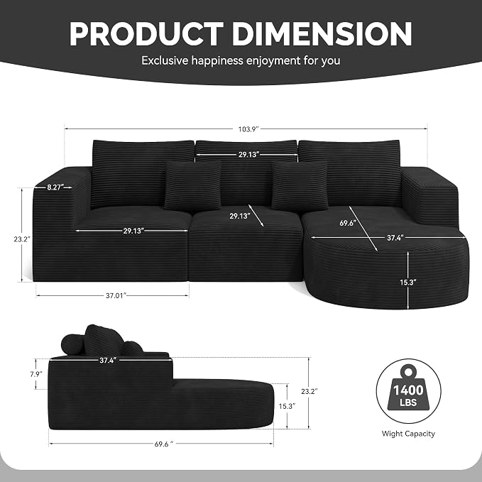 Boneless Couches for Living Room,Cloud Sectional Couch with L-Shape Chaise,Modern Modular Sofa with Deep Seat Upholstered Comfy Couches for Bedroom,No Assembly Required,1PCS