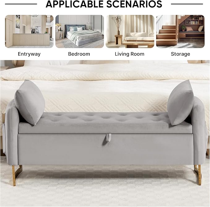48" End of Bed Bench, Modern Storage Benches with Button-Tufted, Velvet Upholstered Storage Ottoman Bench for Foot of Bed with Arms, Gold Legs Window and Entryway, Light Grey
