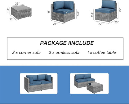5 Piece Outdoor Patio Furniture Set,Silver PE Rattan Wicker Sectional Sofa, All Weather Conversation Set with Washable Cushions & Glass Coffee Table for Backyard Poolside Garden Porch,Navy Blue