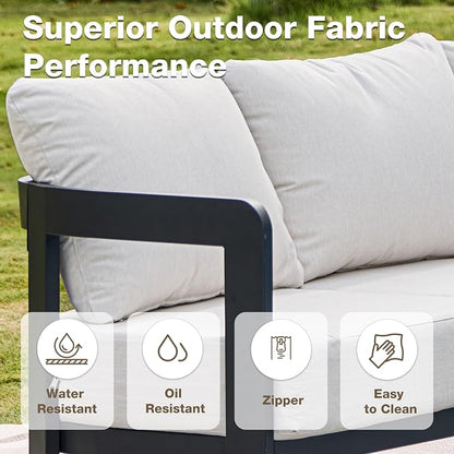 Outdoor Patio Sofa, 3-Seat All-Weather Metal Modern Couch with Washable Thick Cushion for Garden/Backyard/Porch, White