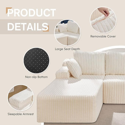 Hobestluk Boneless Couch Modular Sectional Sofa L-Shape Oversized Chaise | 108" Left Facing Chaise White,Memory Foam,Removable Cover,Non-slip Bottom,No Assemble Required,Living Room Furniture