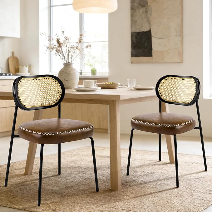 Rattan Dining Chairs Set of 2, Upholstered Dining Chairs with Handwoven Cane Back, Mid Century Modern Kitchen & Dining Room Chairs with Thick Cushion and Metal Frame, 300 lbs Capacity, Brown