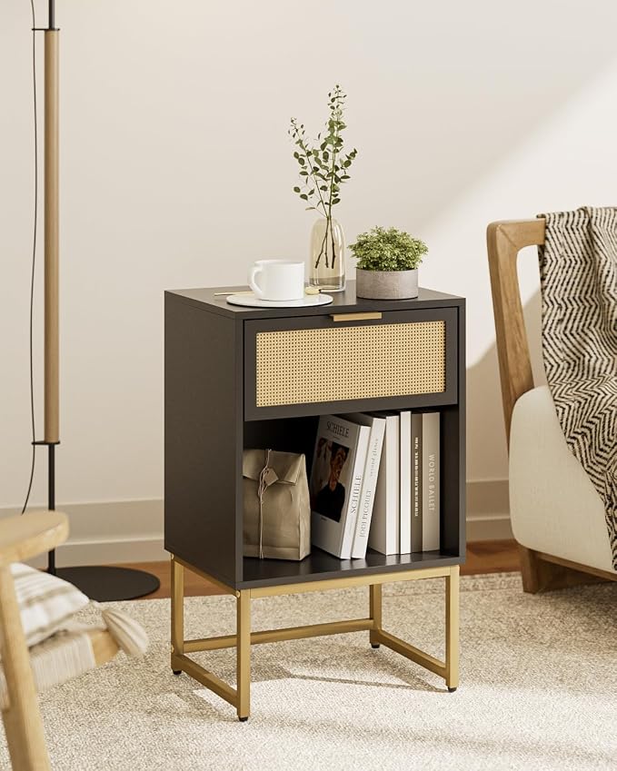 Masupu Rattan Nightstand,Modern Night Stand Boho Farmhouse Wood Bedside Table with Storage Drawer Side End Table for Bedroom, Office,Black