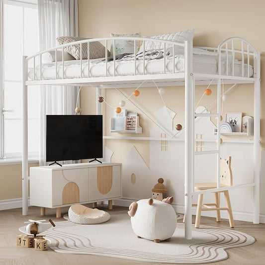 GarveeHome Loft Bed Twin Size, Heavy Duty Metal Loft Bed Frame with Arched Guardrail and Safety Ladder, Space-Saving, No Box Spring Needed, Modern White