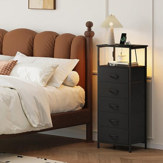 Somdot Black Nightstand with Charging Station and LED Light for Bedroom, Tall 5 Drawers Dresser with Fabric Bins for Bedside Kids Dorm Room Closet Laundry Entryway, Black