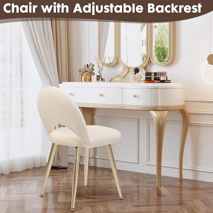 Vanity Chair with Adjustable Backrest Boucle Upholstery Amless Makeup Stool, White Sherpa Vanity Stool with Gold Metal Legs forBedroom Living Room Kitchen Dinning Room (Off White)