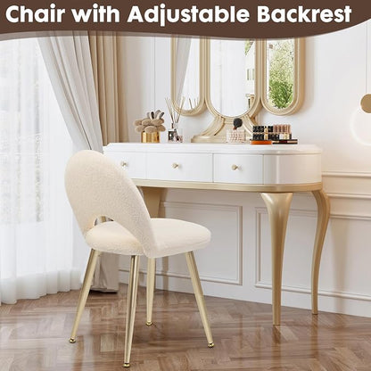 Vanity Chair with Adjustable Backrest Boucle Upholstery Amless Makeup Stool, White Sherpa Vanity Stool with Gold Metal Legs forBedroom Living Room Kitchen Dinning Room (Off White)