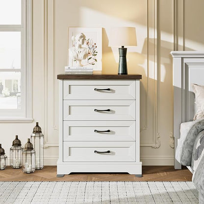AODK White Farmhouse 4 Drawer Dresser for Bedroom, 39" Tall Engineered Wooden Chest of Drawers with Metal Handle, Modern Storage Cabinet and Organizers for Closet, Living Room, Entryway, Walnut Top