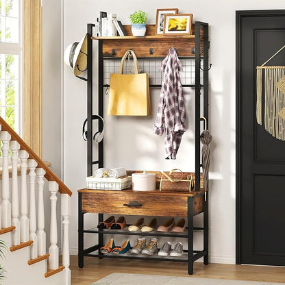Recaceik Hall Tree with Bench and Shoe Storage, Entryway Coat Rack with Shoe Bench, Industrial Hall Tree with Drawers and 12 Hooks for Bedroom, Living Room