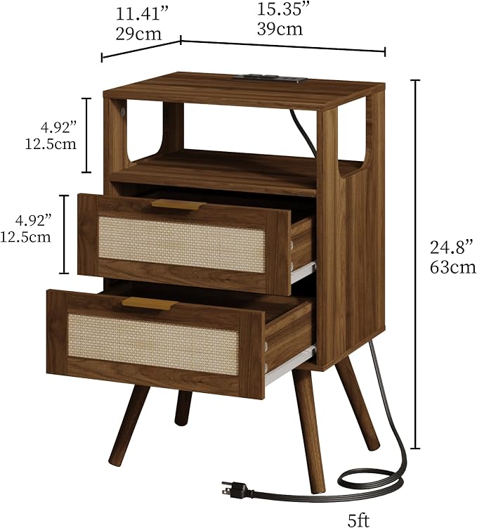JOONEE Rattan Nightstand with Charging Station,Farmhouse Bedside Table with 2 Storage Drawer and Open Wood Shelf, for Bedroom and Small Spaces,Night Stand with Solid Wood Legs (Walnut Brown-Outlet)
