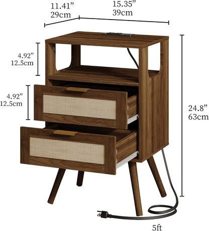 JOONEE Rattan Nightstand with Charging Station,Farmhouse Bedside Table with 2 Storage Drawer and Open Wood Shelf, for Bedroom and Small Spaces,Night Stand with Solid Wood Legs (Walnut Brown-Outlet)