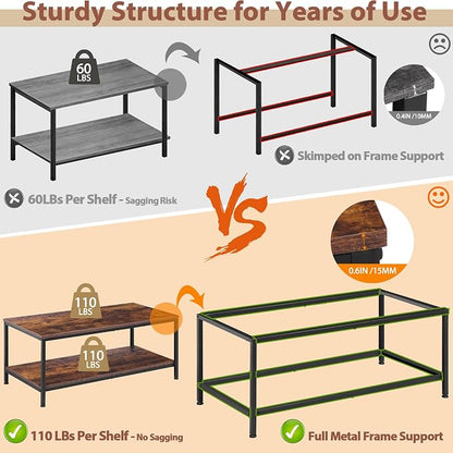 SUPER DEAL 2-Tier Coffee Table with Storage Shelf for Small Apartment Living Room, Rectangle Wood and Stable Metal TV Stand Side End Table, Rustic Brown