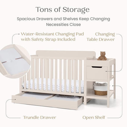 Delta Children Maya 5-in-1 Convertible Crib and Changer with Storage, Converts to Toddler Bed, Daybed, Sofa & Full Bed, Greenguard Gold Certified, 3 Mattress Heights for Baby, Soft Beige