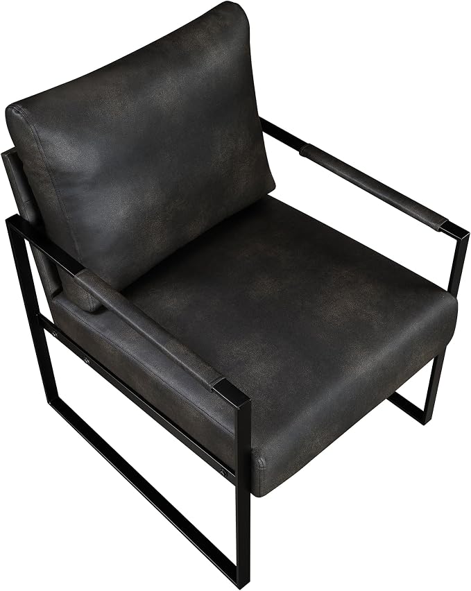 Lexicon Modern Accent Chair, Faux Leather Upholstered Living Room Chair With Wrapped Armrests,Arm Chair With Black Metal Frame,Comfy Single Chair For Living Room/Bedroom/Reading Room/Office,Dark Brown