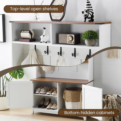 EROMMY 38" Farmhouse Hall Tree with Bench and Shoe Storage, Entryway Bench with Coat Rack, 2 Open Compartments, 5 Coat Hooks, Barn Door & Adjustable Shelf, Rustic White and Brown