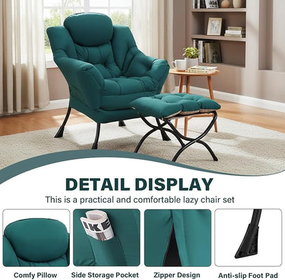 Lazy Chair with Ottoman, Modern Accent Chair Contemporary Sofa Chair with Armrests, Reading Chair and Folding Footstool Set for Living Room, Bedroom, Office
