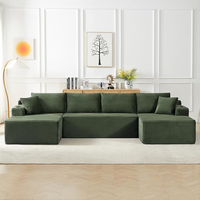 134 Inch Modular Sectional Sleeper Sofa, Boneless Cloud Couch for Living Room, U Shaped 5 Seat Sofa with 2 Storage Pockets& 2 Cup Holders, Free Combination, No Assembly Required (Green)