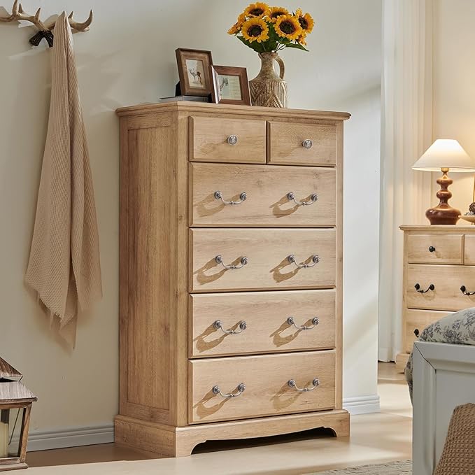 T4TREAM Farmhouse Dresser and Nightstand Sets of 3, 48" Tall 6 Drawers Dresser & 2-Drawer Nightstands Set, Wood Bedroom Furniture Set for Home, Hallway, Bedroom, Natural Oak