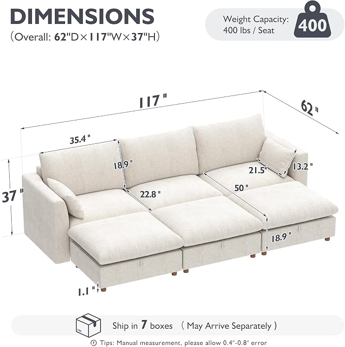 Ihanherry 117" Oversized Modular Sectional Sofa, Modern Cloud Couch with 3 Storage Ottoman, 6-Seat Comfy Chenille Deep Seat Sofa with 2 Pillows for Living Room, Beige