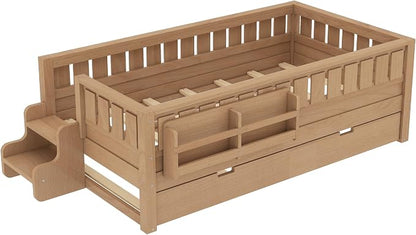 Bellemave Twin Kids Montessori Bed with Stairs, Bookshelf and Trundle, Solid Wood Kids Bed Frame with Storage for Boys Girls, Low Profile,Natural