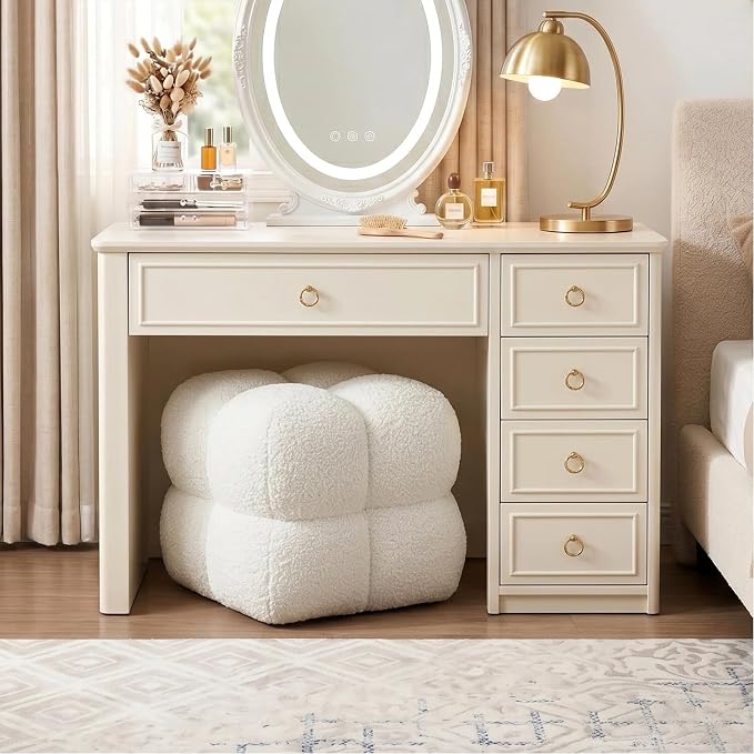 Zesthouse Square Pouf Ottoman Footstool, Modern Backless Vanity Chair for Bedroom, White Fuzzy Foot Rest for Couch, Upholstered Tufted Footstool, Sherpa Fabric Ottoman Coffee Table for Living Room