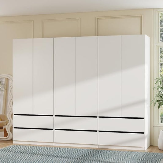 White Armoire Wardrobe Closet: 75" Large Wardrobe Closet with 6 Doors, Modern Bedroom Armoires with 6 Drawers, Tall Wood Closets for Bedroom