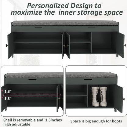 HOMEFORT 54.4" Shoe Bench with Lift Top Storage, Entryway Bench with Cushioned Seat, Wooden End of Bed Bench, Shoe Cabinet Bench with Hidden Storage Space, for Bedroom, Hallway,Green