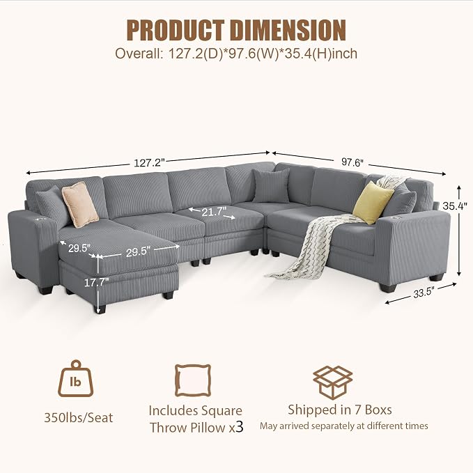 127" Modular Sectional Sofa with Storage, Corduroy 7-Seater V-Shaped Sofa with Ottoman Chaise, Convertible L-Shaped U-Shaped Cloud Sectional Couches for Living Room, Apartment