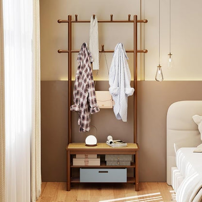 Giantex 3-in-1 Hall Tree with Bench and Shoe Storage, Bamboo Coat Rack Freestanding w/PE Rattan Bench, 11 Hanging Rods, 3 Tier Shoe Rack, Narrow Mudroom Storage Organizer for Entryway Bedroom, Brown