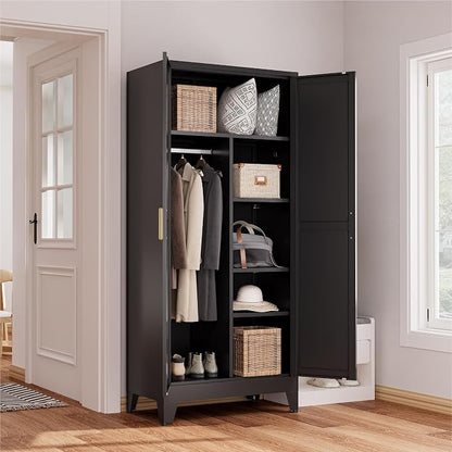 71" Tall Metal Armoire Wardrobe Closet with Hanging Rod and 3 Adjustable Shelves,Black Storage Cabinet,Steel Wardrobe for Bedroom Garage Laundry Room Office Apartment,6 Tier 1 Pack