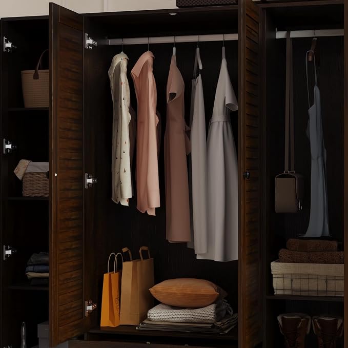 Wardrobe Armoire with 4 Louvered Doors, Wardrobe Closet for Bedroom with Hanging Rod & 5 Drawers, Bedroom Armoire Dresser Clothes Organizer, Dark Walnut (59.1" W x 19.1" D x 70.5" H)