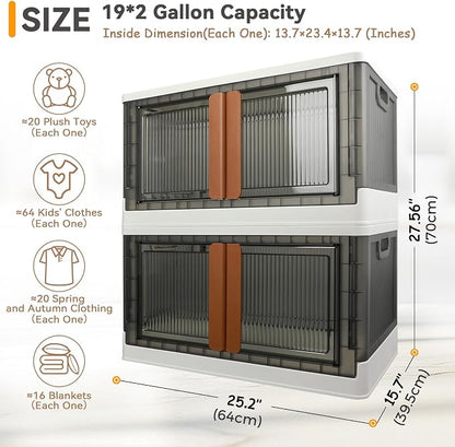 Storage Bins, Cabinet with Lids, Extra Large Useful Box, 19 Gallons (72L) Capacity (Each One), 2 Packs, Collapsible, Transparent, Home Organizer