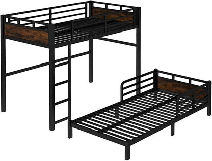 Twin XL Over Twin XL Metal Bunk Bed, Heavy Duty Convertible Bunk Bed Frame with Headboard & Full Guardrails, Can Be Split into Two Platform Beds or Loft Bed,Vintage