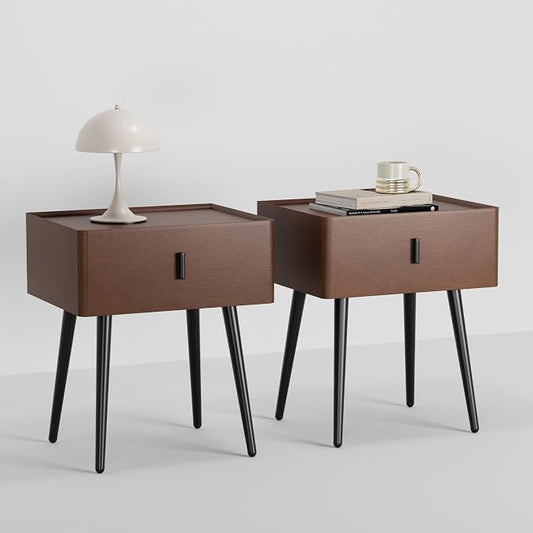Nightstand Set of 2 with Single Drawer,Leather Side Table,Modern Bedside Table with Metal Legs for Bedroom,Small Accent End Table,Brown
