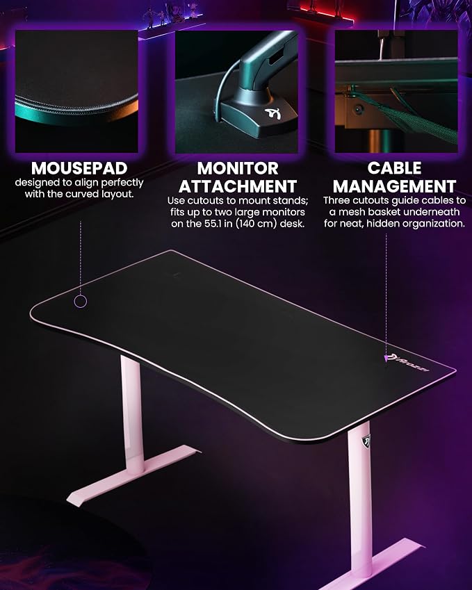 Arozzi Arena Medium Gamer Desk - 55x30” Steel Frame PC Gaming Desk with Storage for Cables & Dual-Monitor Support - Full-Surface Washable Mousepad - Pink