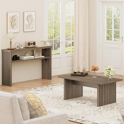 BON AUGURE 43 Inch Coffee Table, Fluted Wood Living Room Tables, Rectangle Gray Coffee Tables for Living Room, Grey Center Table for Home, Office (Greige Oak)