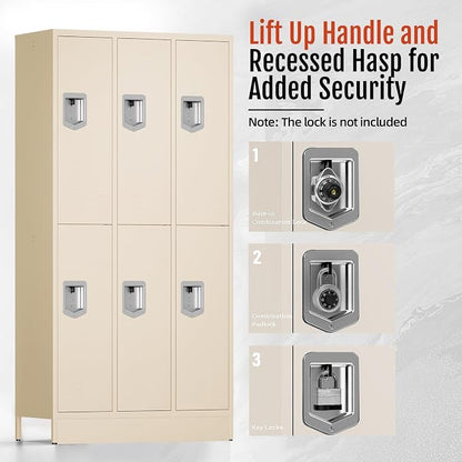BUTISOW 6 Door Metal Storage Locker for Employees, Heavy Duty Steel School | Locker with Lift Up Handle & Recessed Hasp, Gym Office Lockers with Adjustable Shelves & Hooks, Beige